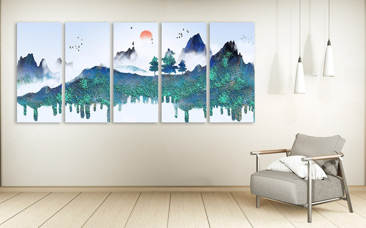 Blue ridge mountains wall art  Calm horizontal art canvas painting Home wall decor Rocks and mountains 3 piece Great smoky mountains posters