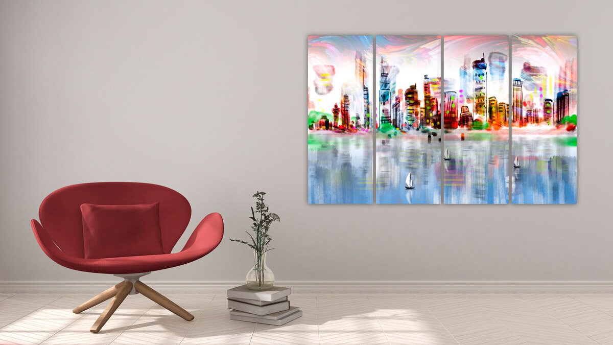 Bright city wall art oil painting canvas print Large wall decor living room modern