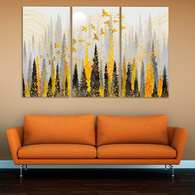 Black and gold forest wall art, Nature canvas painting, housewarming and wedding gift, farmhouse wall decor, multi panel wall art