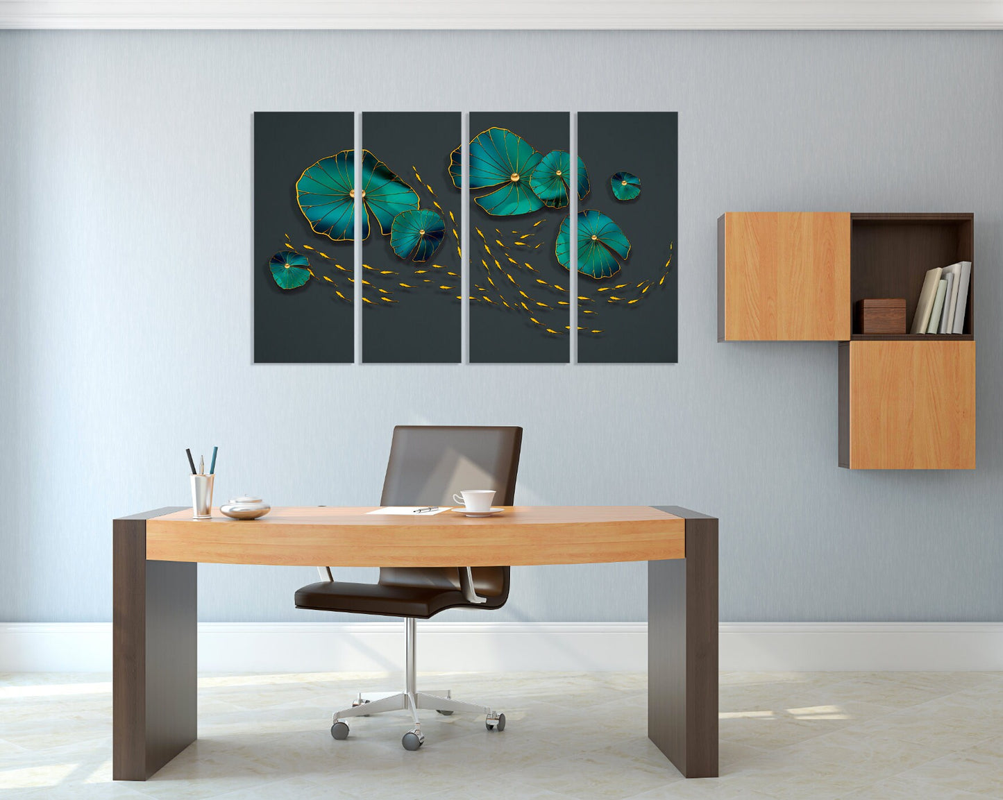 Asian japanese goldfish abstract horizontal extra large multi panel canvas wall art painting