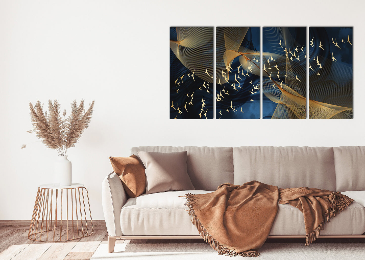 Blue gold abstract painting, trendy abstract canvas wall art print, multi panel extra large wall art