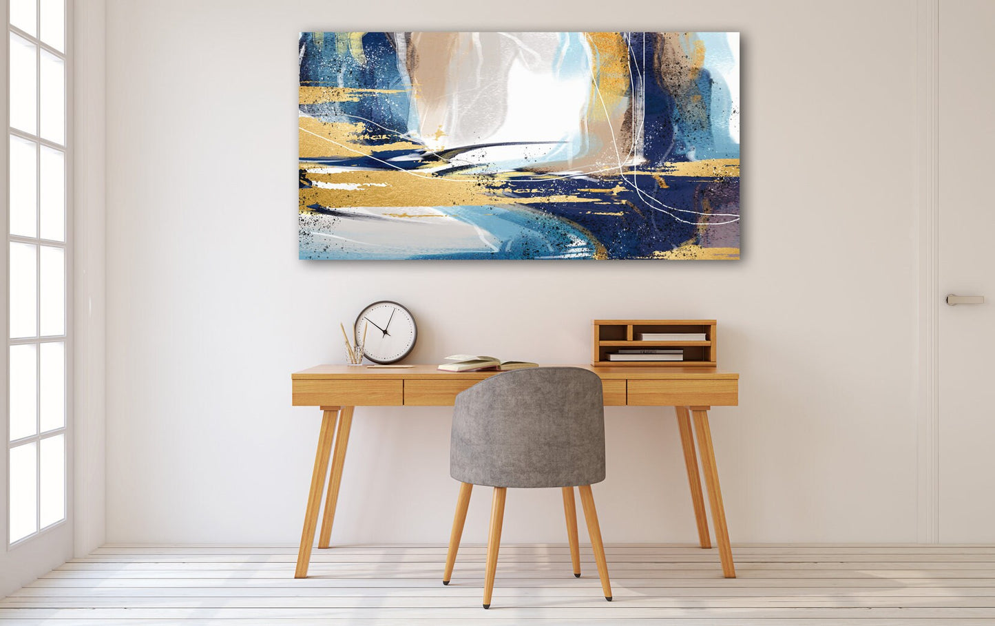 Blue yellow wall art, extra large horizontal wall art, modern abstract canvas painting, multi panel abstract print