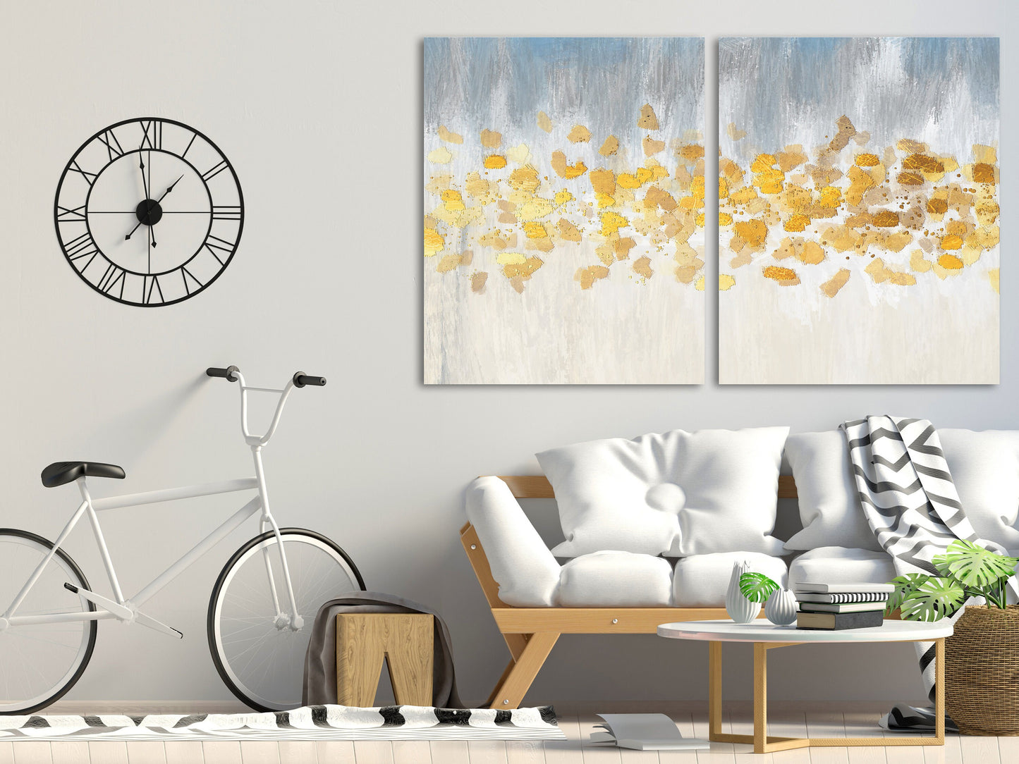 Multi panel abstract canvas, blue and yellow modern abstract painting, extra large canvas wall art