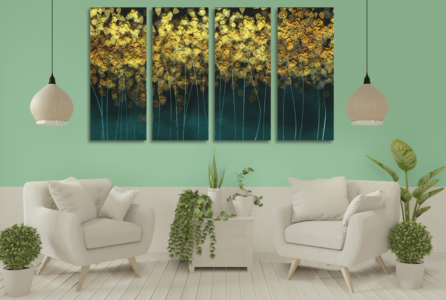 Green and gold extra large wall art, modern abstract printable art, multi panel canvas, abstract wall art painting aesthetic room decor