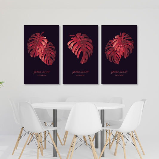 Monstera canvas , tropical wall decor, canvas painting , plant wall art, colorful red wall art, decorative gift, printable wall art set of 3