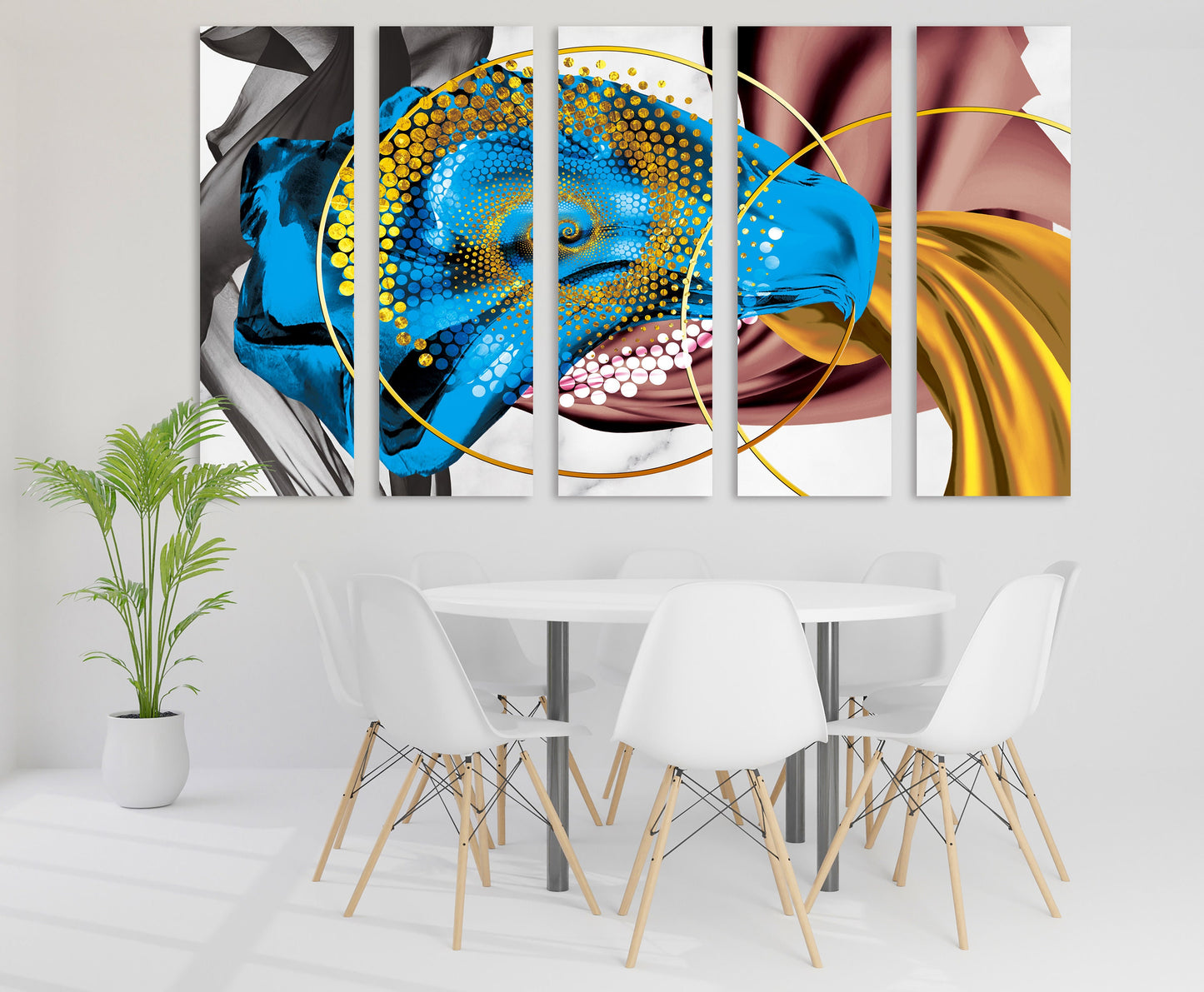 Large colorful abstract canvas wall art, horisontal multi panel gold and blue artwork, modern set of three housewarming prints, trendy gift