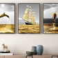 Modern framed marine wall art, seascape canvas print in floating frame, set of 3 prints in gold grey colors, painting with dolphin and ship