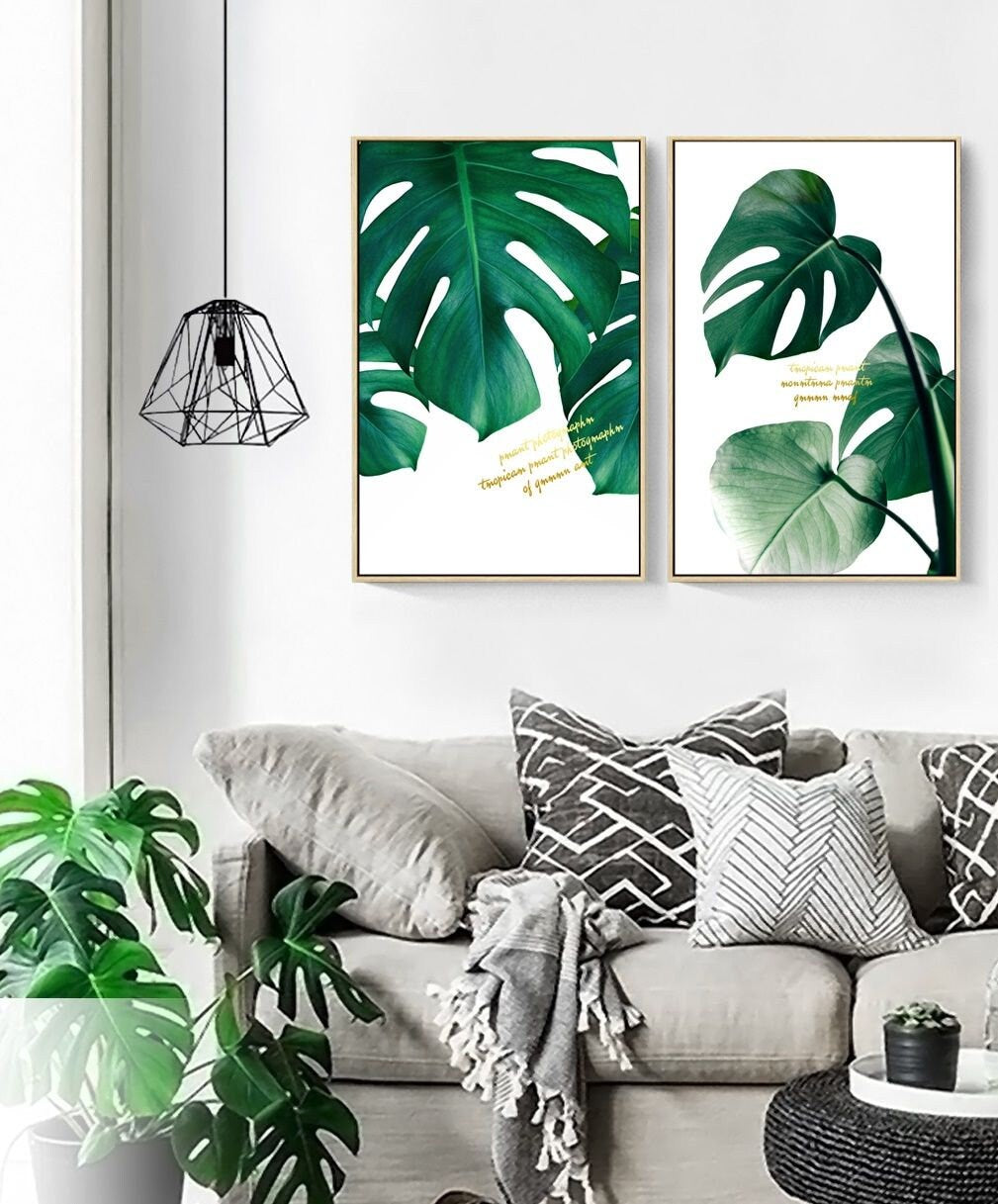 Three piece plant wall prints in floating frame, modern minimalist framed botanical artwork, original green printable set of 3 canvas arts