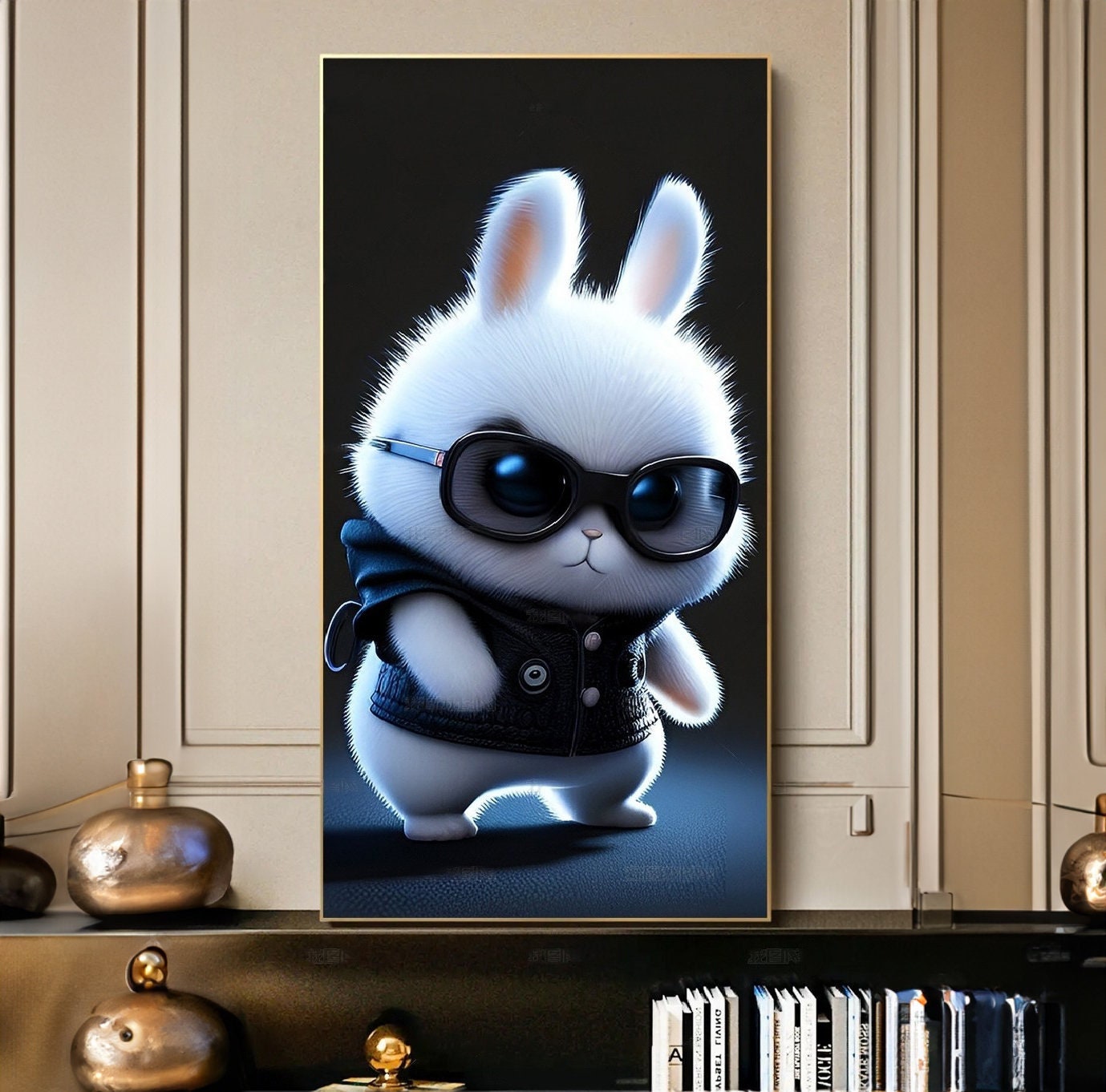 Framed canvas rabbit art wall decor, cool bunny canvas print in floating frame, nursery wall art with white rabbit, cool framed wall art