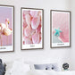 Set of three framed nature canvas prints, pink nautical artwork in floating frame, modern seascape wall art, shells and flamingo prints