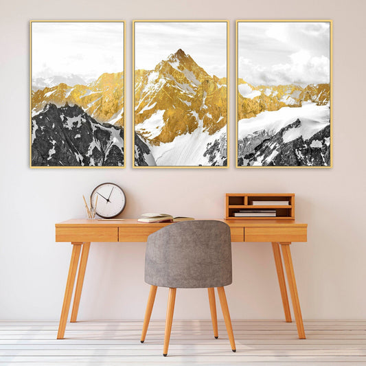 Multi panel gold mountains wall framed canvas painting, set of 3 wall mountain arts in gold floating frame, asian nature wall art for gift