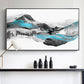 Large framed abstract canvas print, black white printable artwork in floating frame, modern abstract mountains wall art for living room