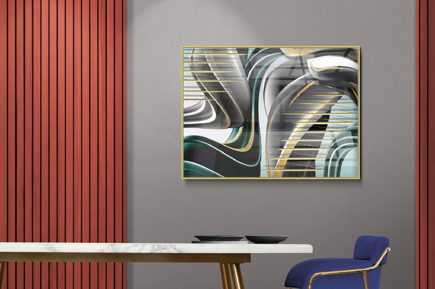 Large abstract framed wall art, black gold canvas print, floater frame printable artwork with waves and stripes, living room wall art