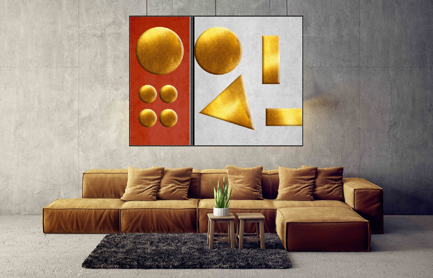 Abstract framed geometrical wall art, circles hanging wall decor in floater frame, modern orange and white printable artwork for living room