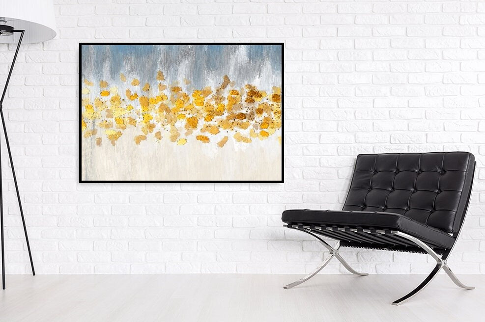 Abstract canvas wall art in floater frame, extra large blue gold hanging wall decor, modern framed printable canvas wall art for living room