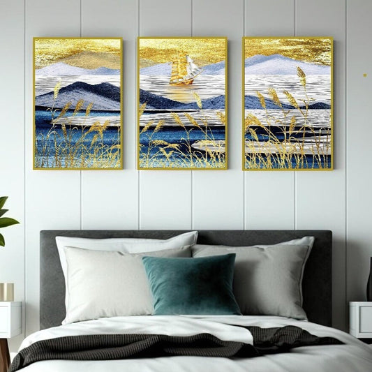 Large set of 3 floater frame wall art, printable landscape artwork, blue gold framed canvas print, marine living room three piece artwork