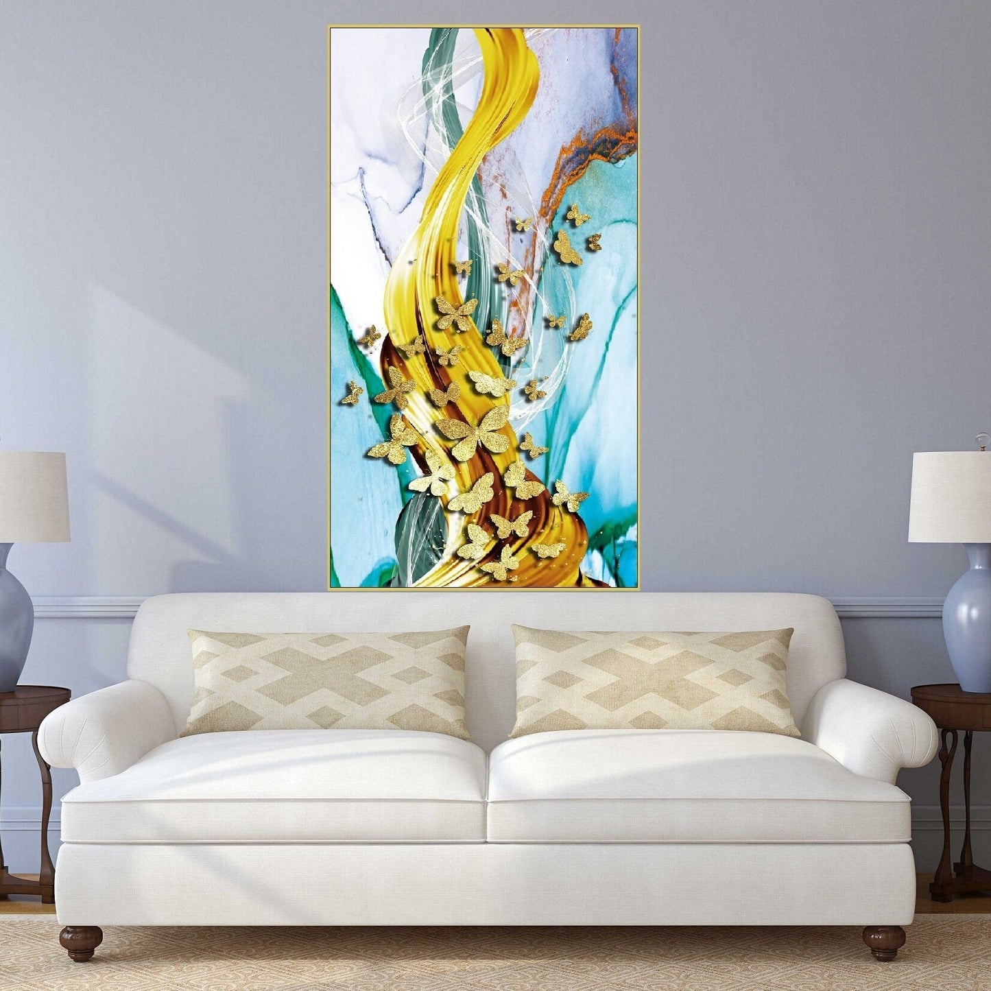 Large butterfly wall art, floater frame abstract artwork, golden butterflies canvas print, framed living room wall art, colorful artwork