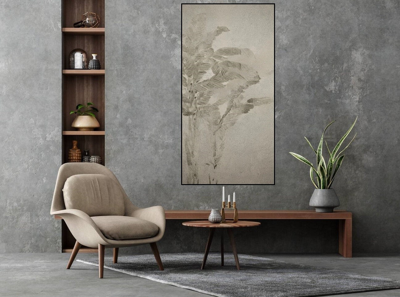 Large grey wall art, framed botanical canvas print, floating frame hanging wall decor, vertical wall art for living room, bedroom artwork