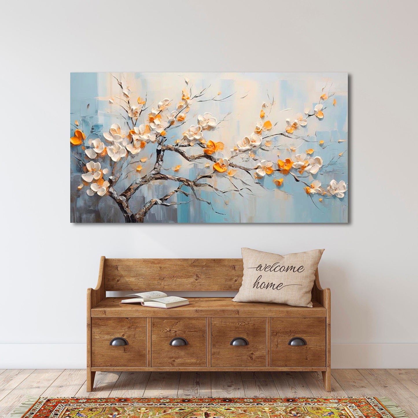 Cherry blossom wall art set, Japanese oil painting hanging canvas print, multi panel asian artwork, sacura painting, bonsai wall art