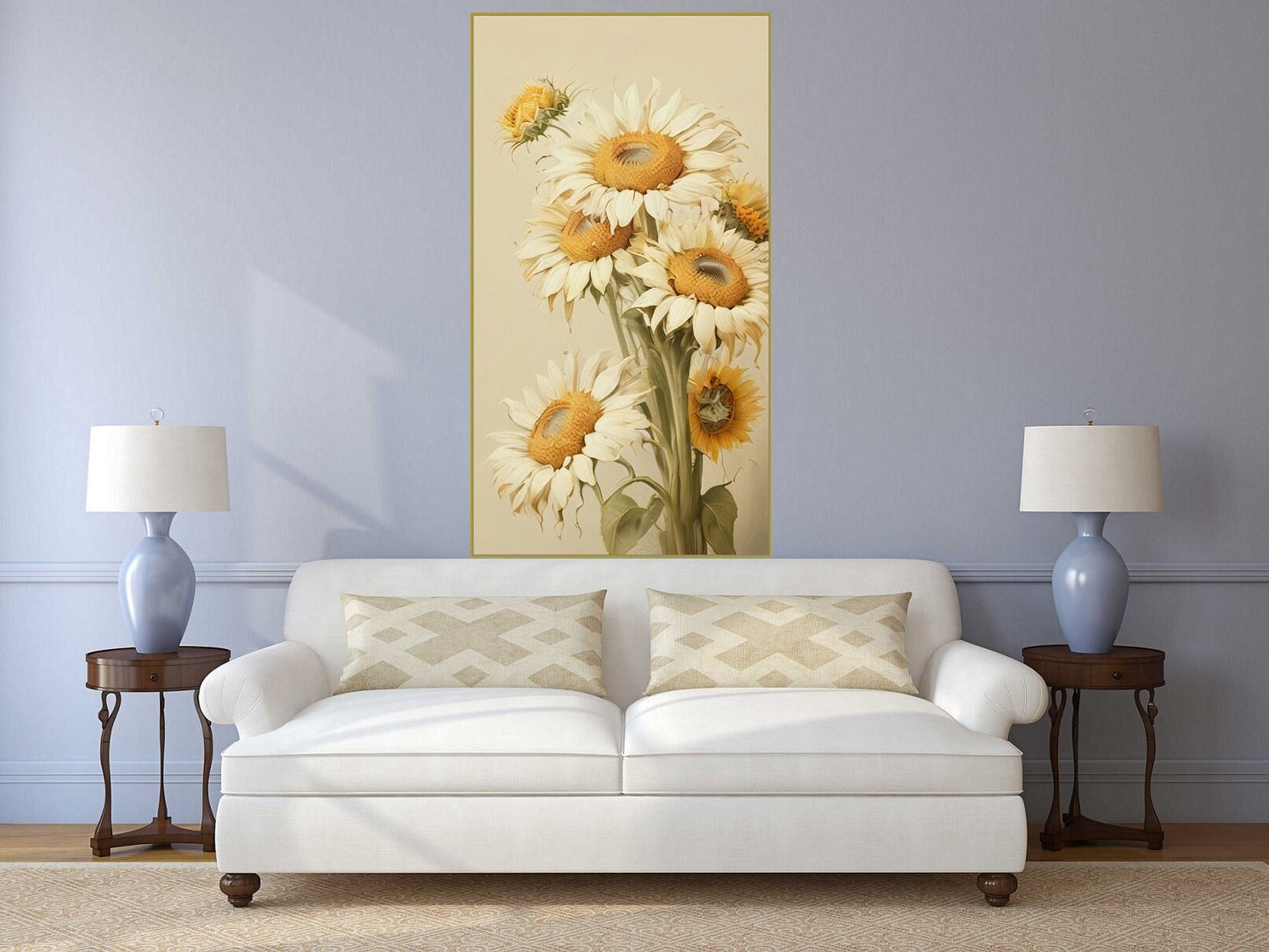 Сhamomile framed wall art, large botanical artwork in floating frame, printable flowers wall art, vertical floral canvas print for bedroom