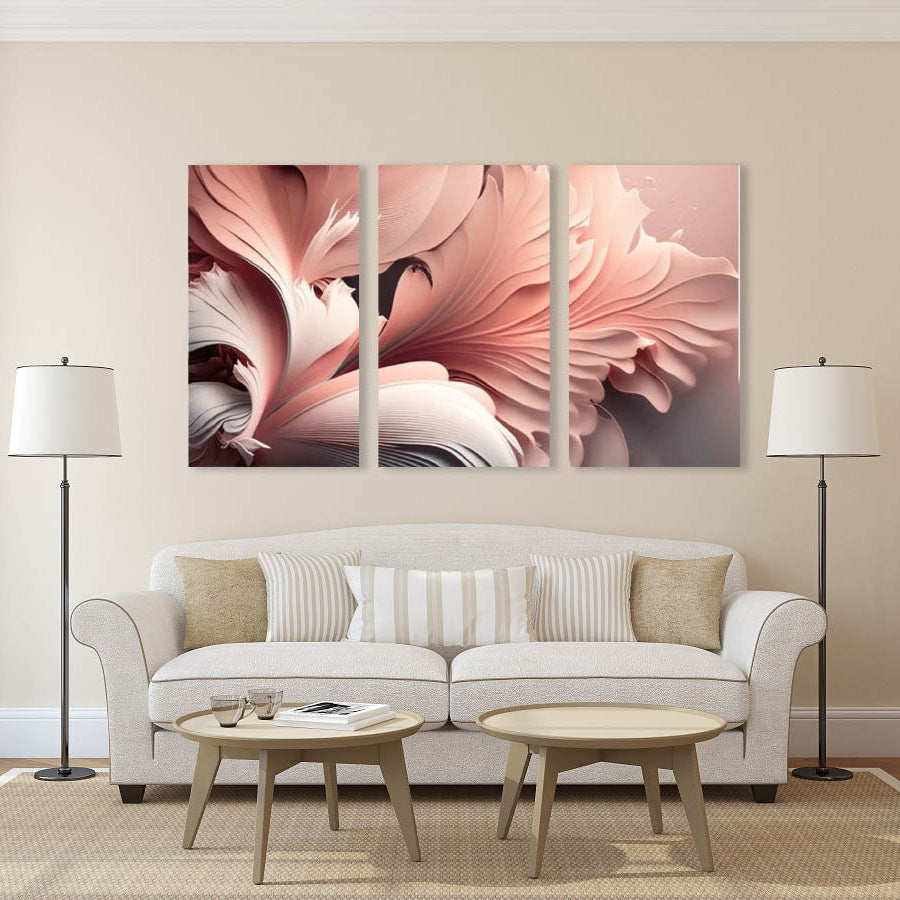 Large floral wall art, pink three piece artwork, multi panel abstract hanging wall decor, petals canvas print for bedroom, artwork for gift