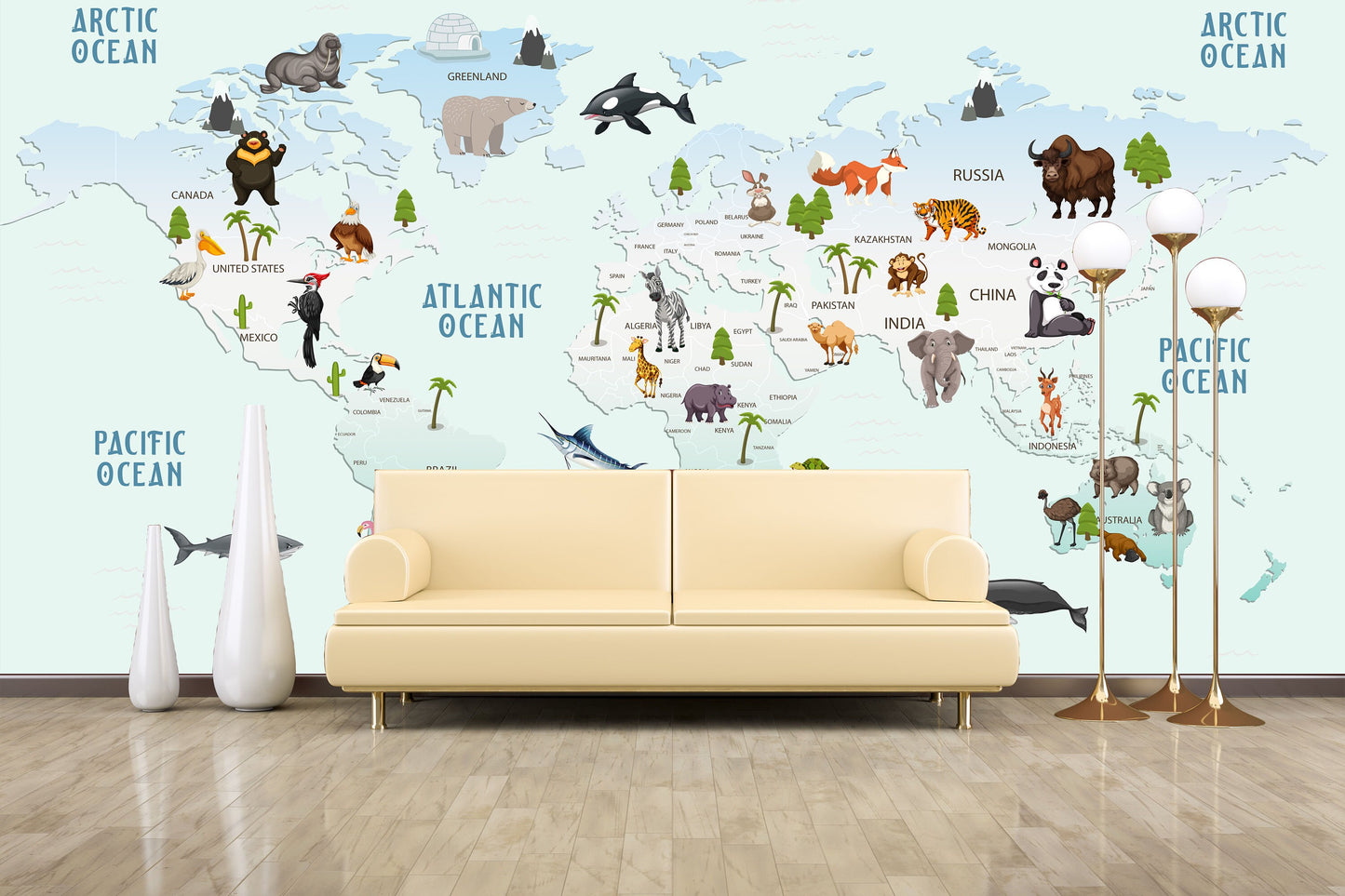 Animal world map World map mural Removable wallpaper Textured wallpaper nursery wallpaper vinyl wallpaper modern wallpaper wall print art