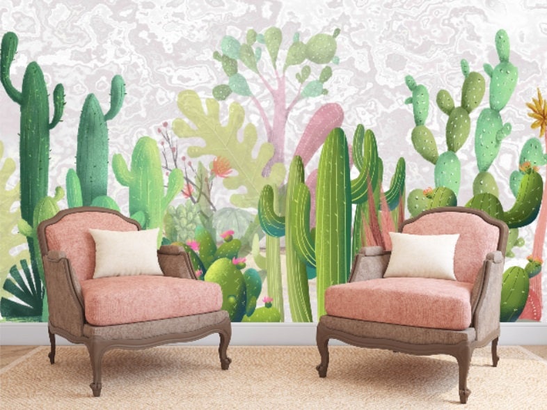 Cactus wall art Cactus print Tropical wallpaper Leaf Removable wallpaper Textured wallpaper fabric wallpaper modern wallpaper