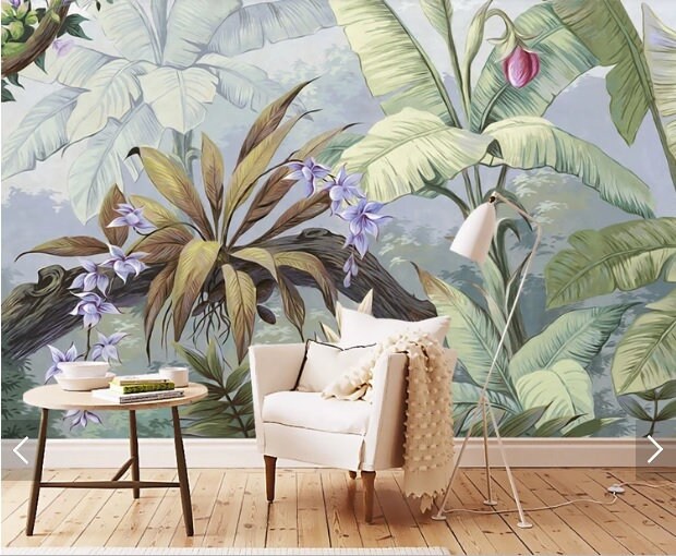 Tropical Leaf Removable wallpaper Exotic Herb poster prints wall art peel and stick mural Textured fabric vinyl wallpaper