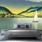 Mountain lake painting original art Sunset shimmer Emerald green wall decor Peel&stick wallpaper Mountain wall decal Home wall decor
