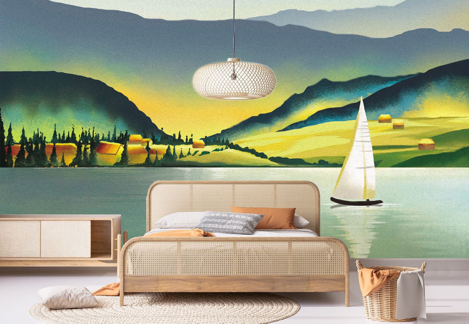 Mountain lake painting original art Sunset shimmer Emerald green wall decor Peel&stick wallpaper Mountain wall decal Home wall decor