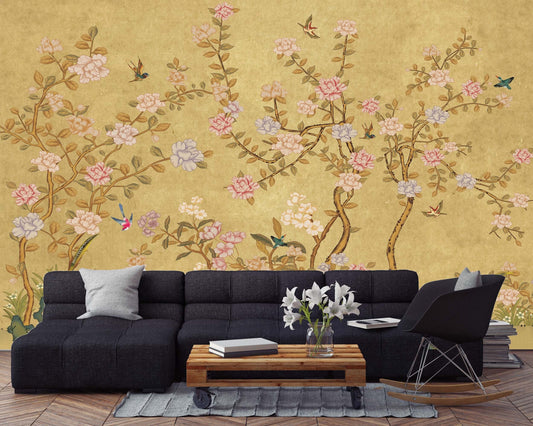 Japanese painting Chinoiserie wallpaper Botanical removable Japanese wall art Flowers wall mural prints Peel & stick