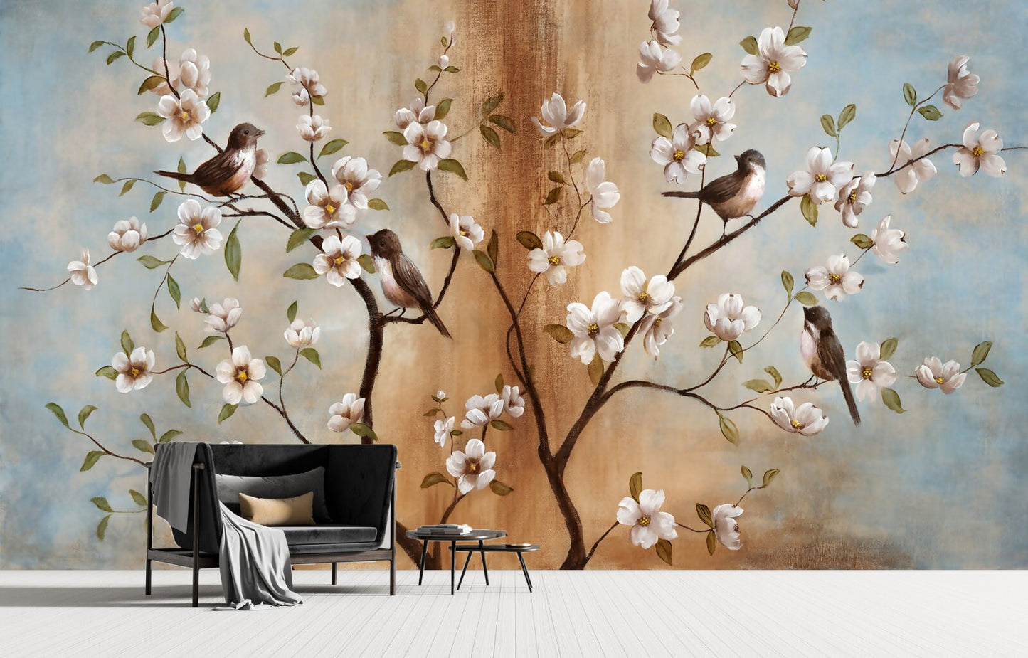 Sakura blossoms Japanese painting Chinoiserie wallpaper Botanical removable Japanese wall art Flowers wall mural prints Peel & stick