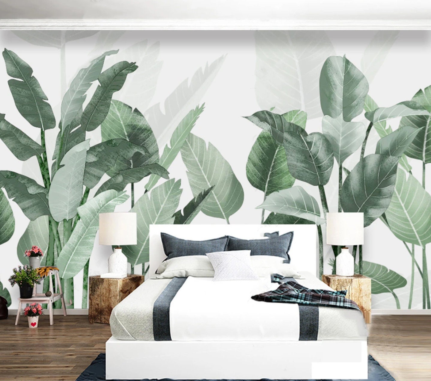 Green Banana Leaves Peel and stick Herb prints wall art Self adhesive mural Tropical art Textured wallpaper Green watercolor leaves clip art