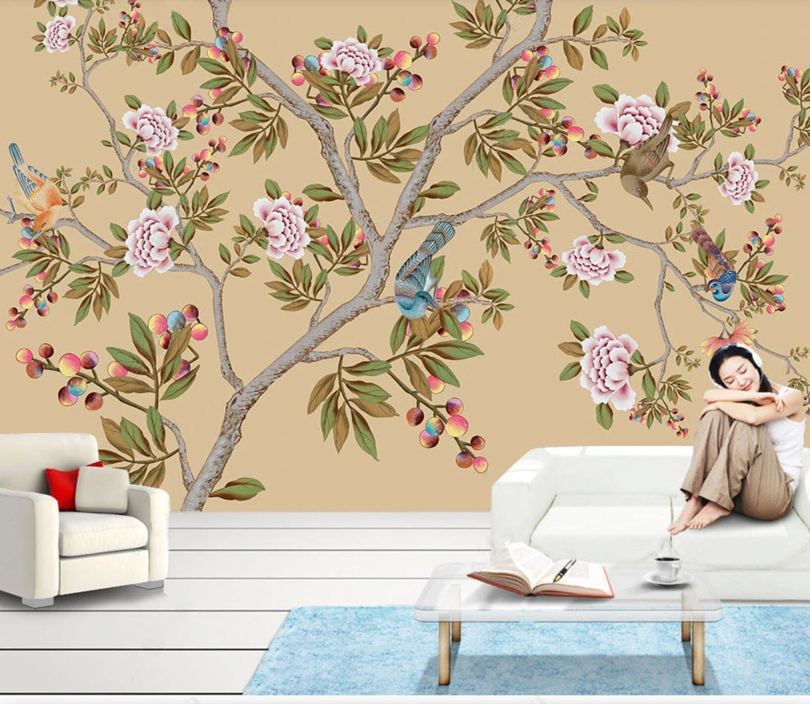 Chinoiserie painted silk Sakura blossoms Botanical removable Japanese wall art Flowers wall mural prints Peel & stick Art deco wallpaper