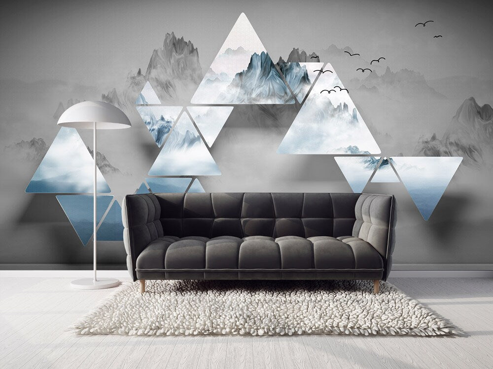 Geometric abstract dark gray wallpaper Peel and stick, temporary, removable, Self adhesive 3d wall mural Mountain wall sticker