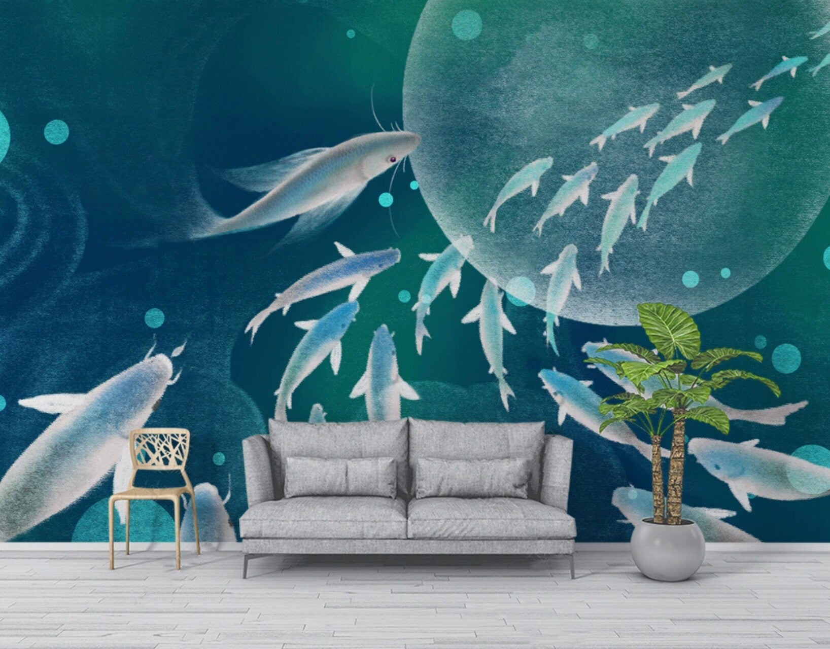 Blue wallpaper, fish wall art, baby peel and stick wallpaper, self adhesive mural, nursery wallpaper wall print art Home wall decor