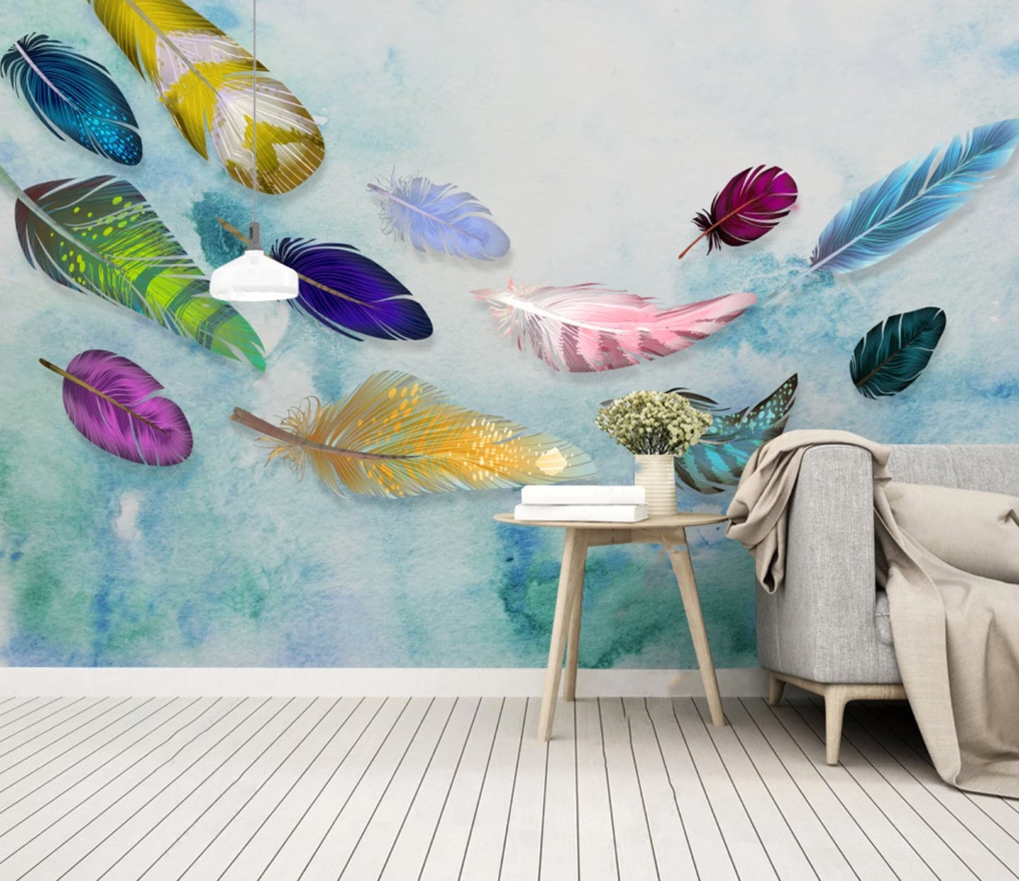 Feather wallpaper peel and stick mural Blue abstract bedroom wallpaper Removable wallpaper Textured wallpaper vinyl wallpaper