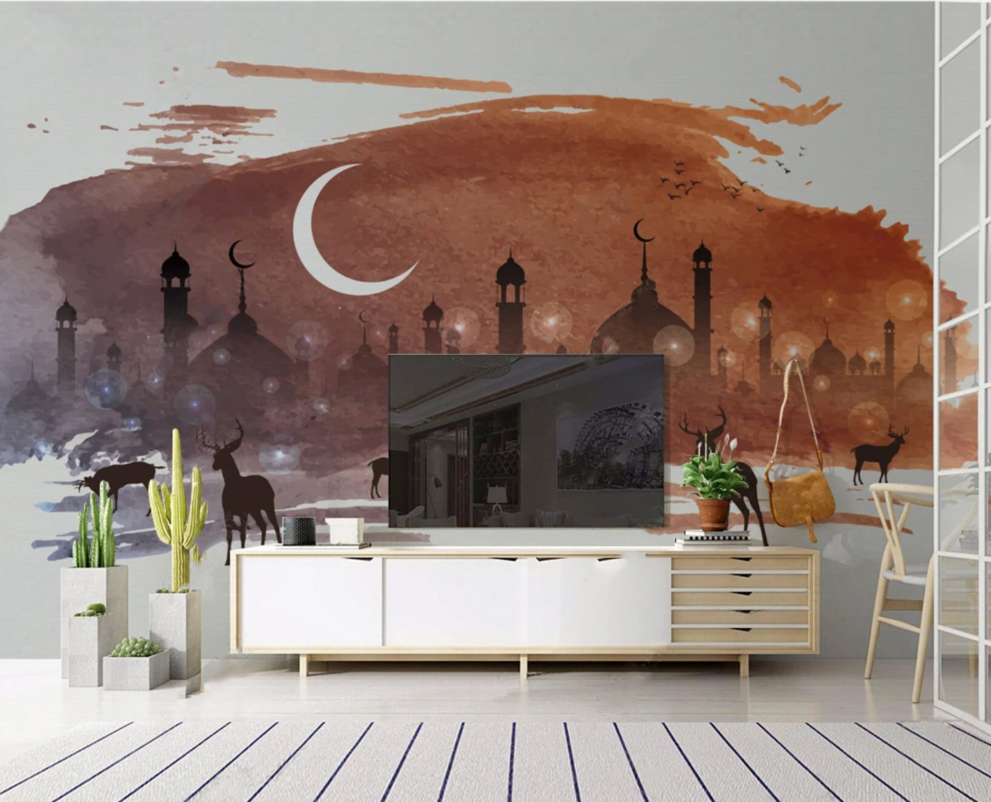 Moon wall mural, brown large art wallpaper peel and stick wall mural prints, modern wall decor, vinyl wallpaper, night sky wallpaper