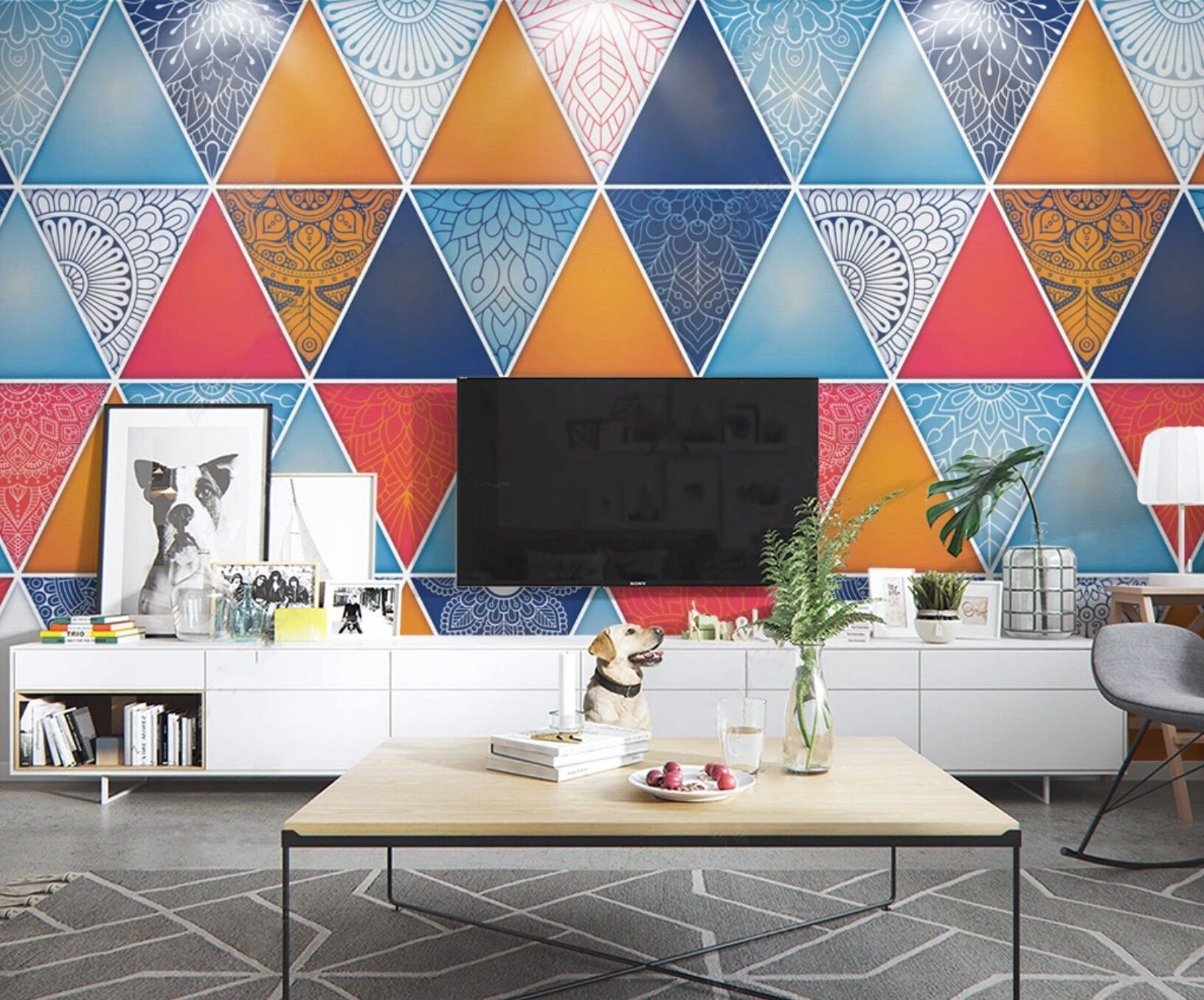 Art deco abstract colorful wallpaper peel and stick scandinavian wall mural, geometric photo wallpaper adhesive