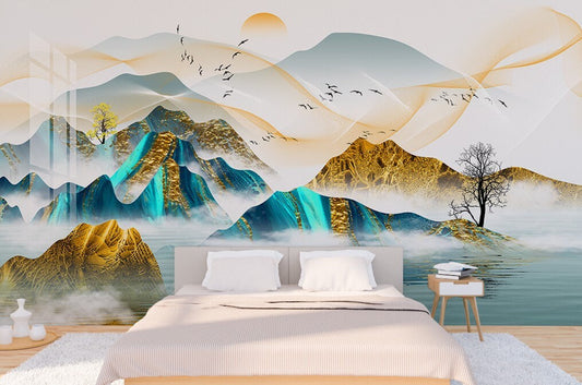 Mountains wallpaper peel and stick wall mural, mountain wall sticker nature wall covering removable, self adhesive