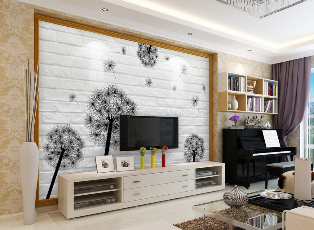 Dandelion wallpaper, black and white floral wallpaper peel and stick wall murals, botanical removable wallpaper