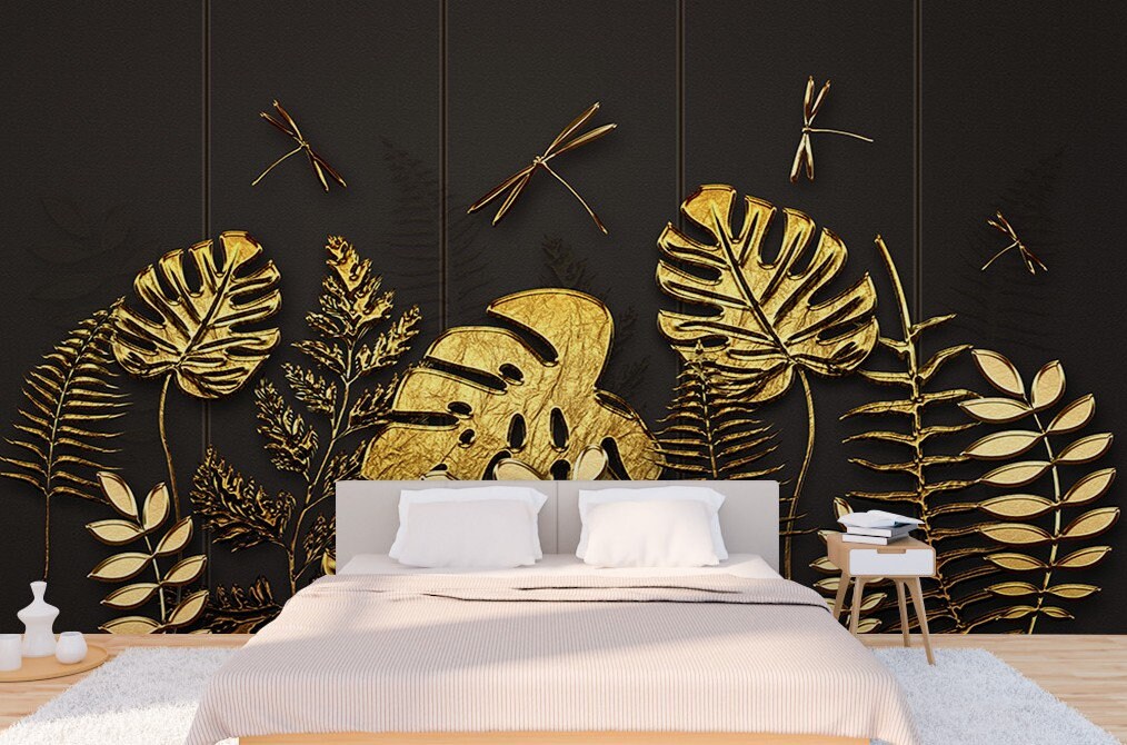 Monstera wall mural peel and stick, gold and brown wallpaper, tropical wallpaper, modern leaf wallpaper, vinyl wallpaper, canvas wallpaper