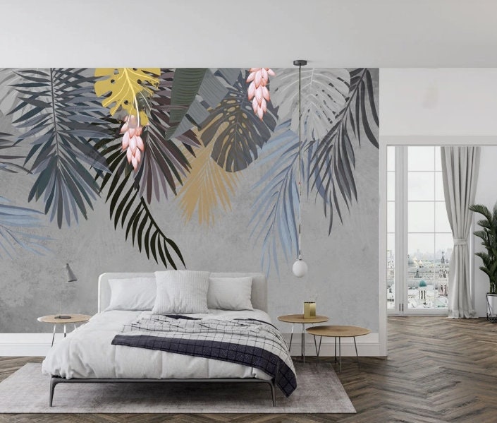 Tropical leaf wallpaper peel and stick wall mural, vinyl wallpaper, modern botanical wallpaper, banana leaf mural