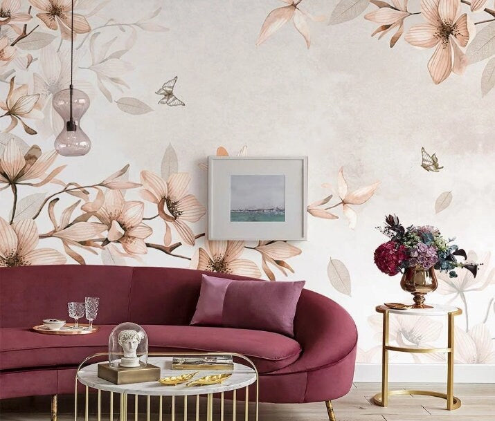 Magnolia wallpaper peel and stick wall mural, floral self adhesive wallpaper, flower wall decals, botanical removable wallpaper