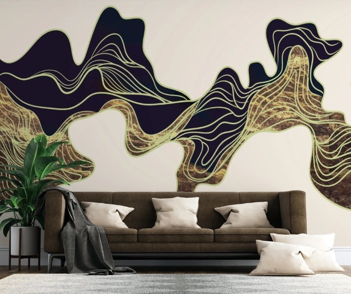 Black and gold abstract wallpaper peel and stick wall mural, removable art deco modern wallpaper minimalist bedroom wall decor