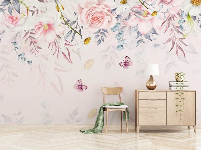 Floral wallpaper flower wall mural, rose wallpaper butterfly wallpaper peel and stick vinyl wall decals daisy wallpaper botanical wallpaper