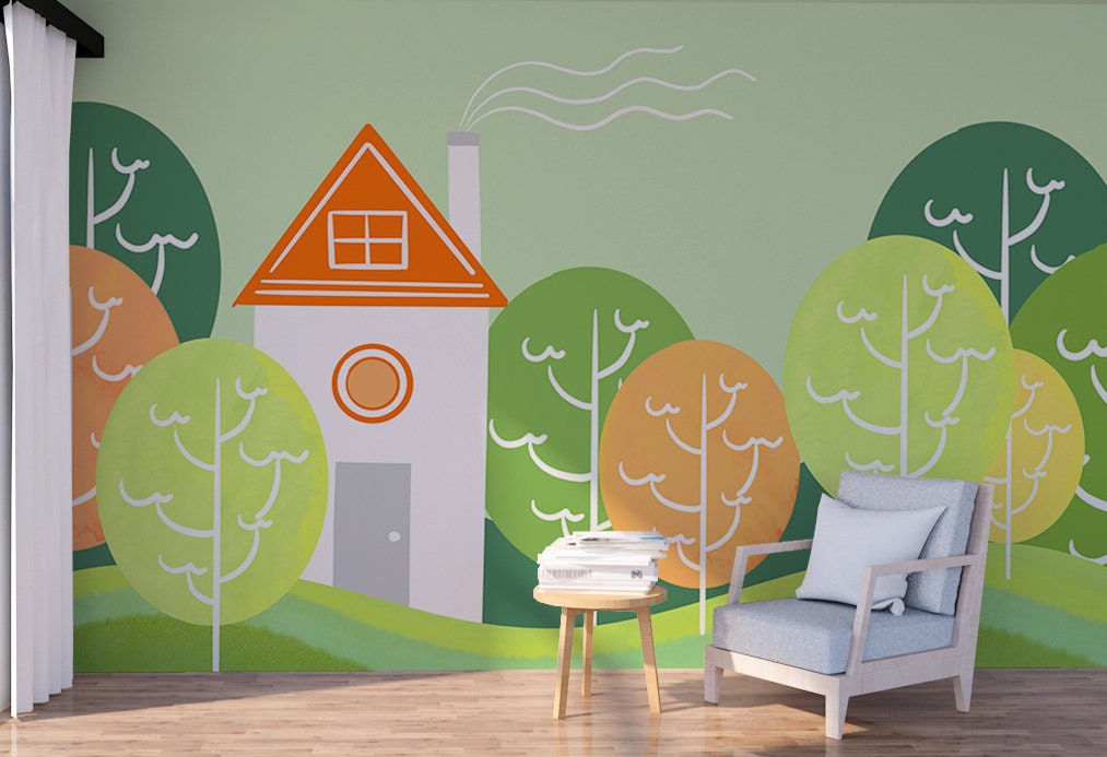 Kids peel and stick wall mural, nursery self adhesive wallpaper, accentual baby boy canvas wallpaper, forest wallpaper, farmhouse decal