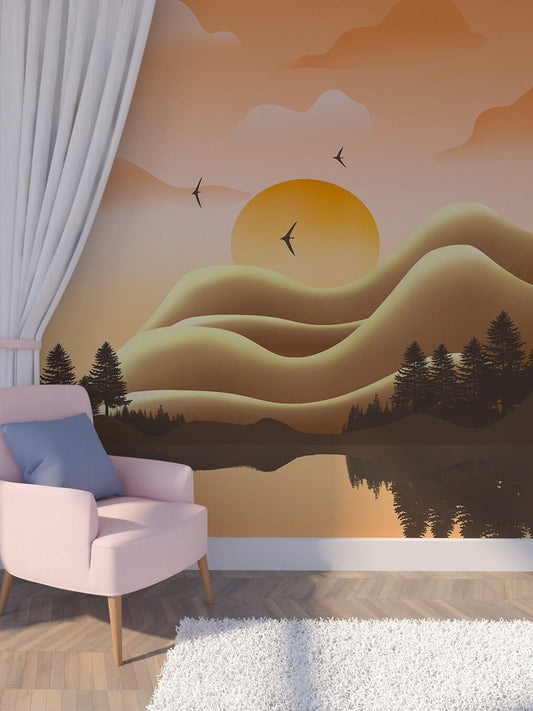 Asian self adhesive wallpaper, landscape peel and stick wall mural, extra large mountains photo mural, accentual nature bedroom wallpaper