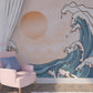 Wave wallpaper peel and stick, giant nursery self adhesive wall mural, accentual blue orange photo mural, seascape bedroom wall decal