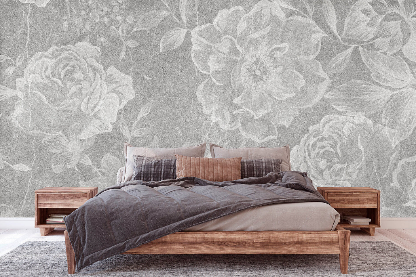 Large flowers grey white wallpaper, peel and stick floral wall mural, accentual self adhesive flowers photo mural, removable roses mural